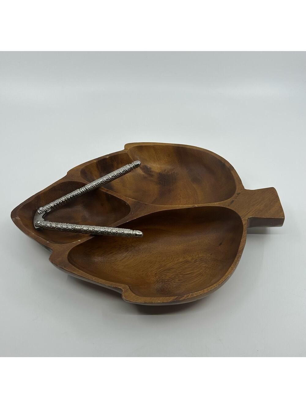 MCM Genuine Monkey Pod Bowl Wood Leaf Shape & Nut Cracker Serving Tray Vintage